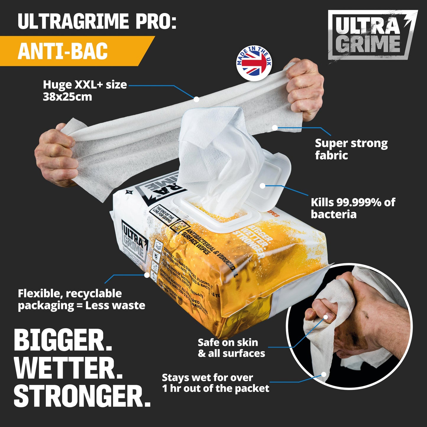UltraGrime Pro - Anti-Bac (100 XXL wipes)