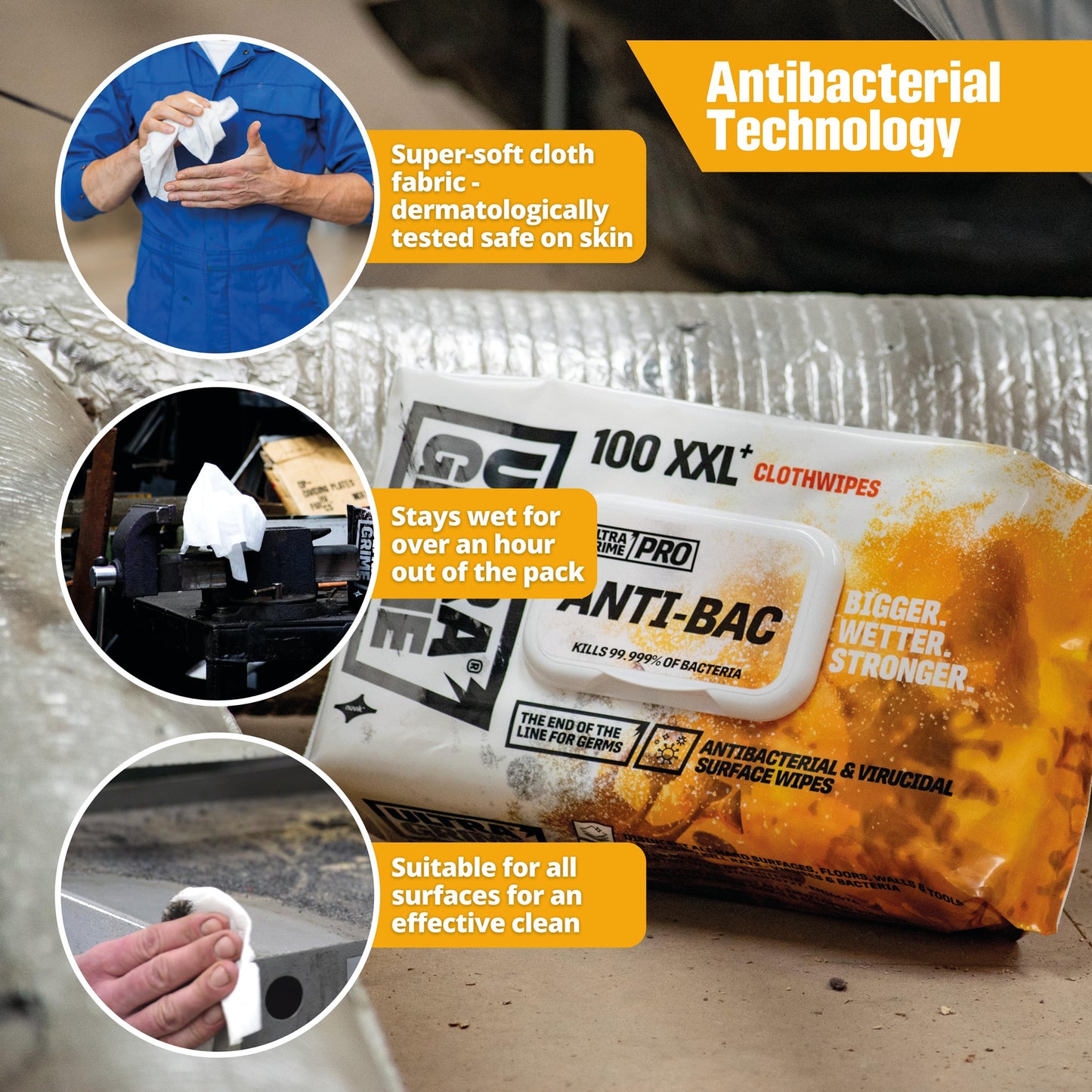 UltraGrime Pro - Anti-Bac (100 XXL wipes)